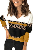 Maglione giallo con scollo a V a blocchi di colore con stampa leopardata da donna