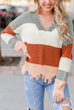Women's Colorblock V Neck Distressed Raw Hem Sweater