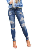 Dark Blue Washed Skinny Jeans with Distressed Leopard Print