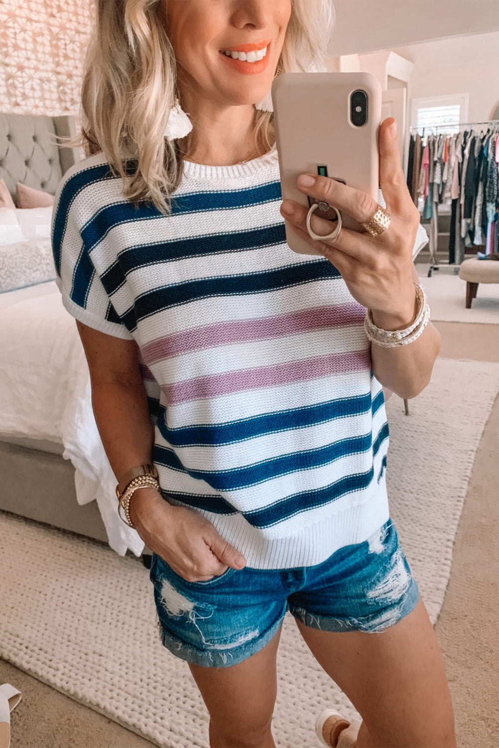 Short Sleeves Crew Neck Striped Knitted Top