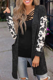 Women's Cow Print Splicing Black Open Front Cardigan with Pockets