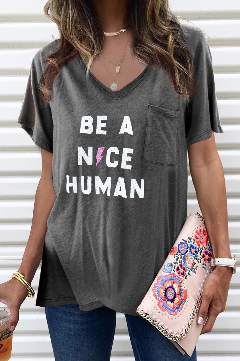 Letters Print Gray V Neck Tee with Slits