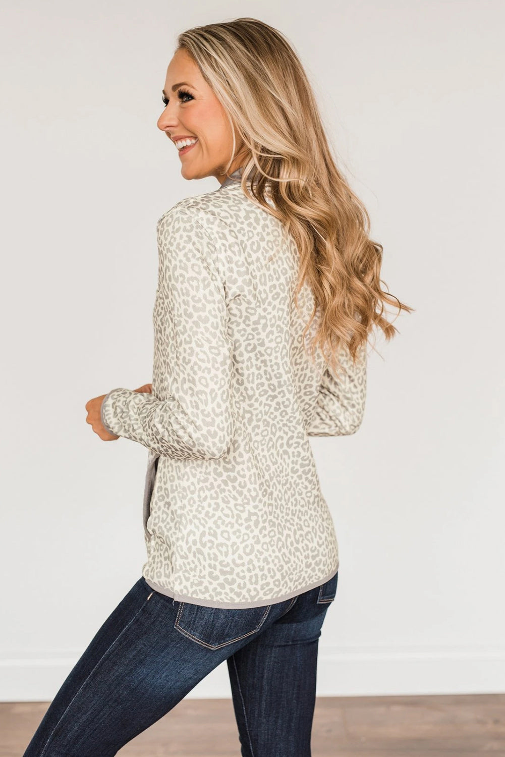 Beige Lapel Snap Leopard Pattern Sweatshirt with Side Pockets