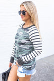 Women's Round Neck Camo Striped Splicing Top Slim Fit Sweatshirt