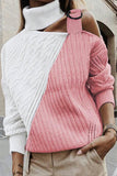 Women's Black and White Color Block Cold Shoulder Turtleneck Sweater