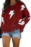 Women's Bell Sleeves Lightning Print Distressed Sweater