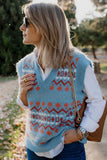 Women Geometric Print V Neck Sleeveless Knitted Vest