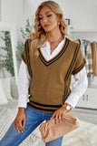 Women's V Neck Contrast Stripes Trims Short Sleeve Sweater