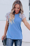 Blue Tiered Ruffle Lace Sleeve Knit Top
