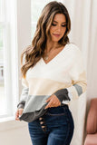 Maglione pullover sottile con scollo a V a blocchi di colore bianco da donna