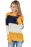 Women's Yellow Color Block Eyelet Sweater With Sides Slits
