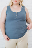 Solid Button Up Ribbed U Neck Plus Size Tank Top