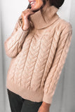 Women's Khaki Turtleneck Long Sleeve Braided Knit Chunky Sweater