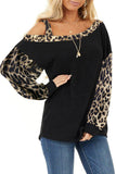 Dew Shoulder Leopard Stitching Long-sleeved Blouse