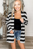 Women's Black And White Striped Cardigan with Hood