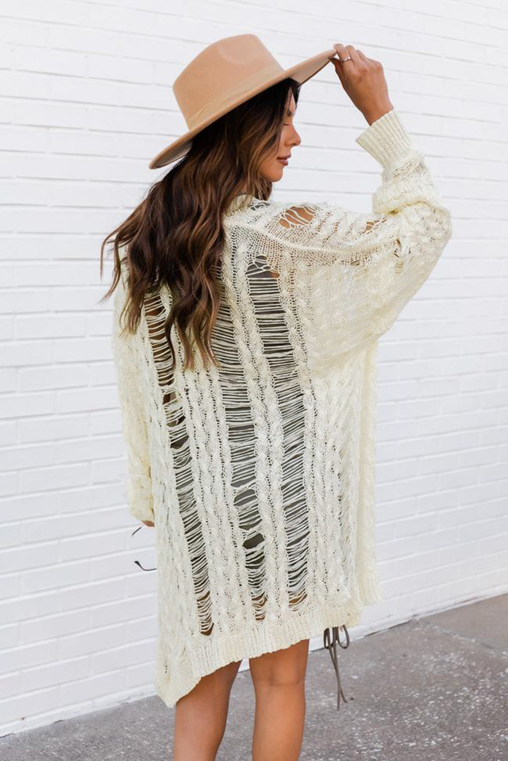 Women's Distressed Open Front Knitted Long Cardigan