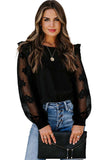 Summer Embroidered Black Mesh Long Sleeve Top