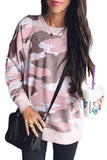 Pink Women's Winter Casual Loose Long Sleeve Oversized Round Neck Thin Camo Print Sweatshirt LC251694-10