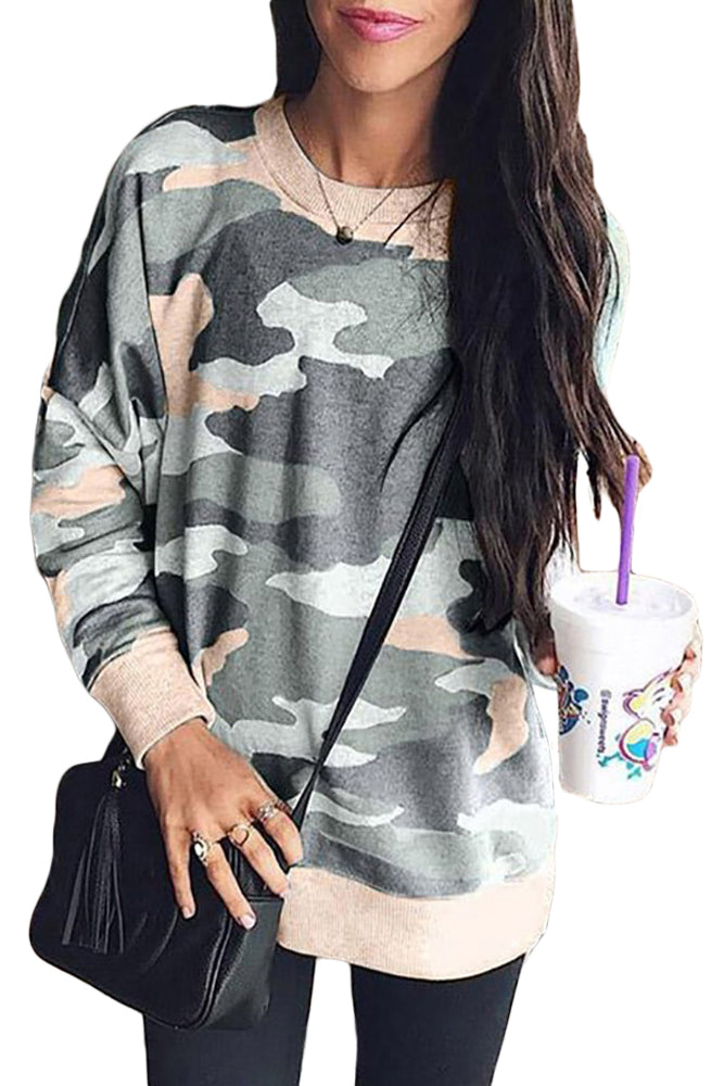 Khaki Women's Winter Casual Loose Long Sleeve Oversized Round Neck Thin Camo Print Sweatshirt LC251694-16