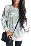 Green Women's Winter Casual Loose Long Sleeve Oversized Round Neck Thin Camo Print Sweatshirt LC251694-9
