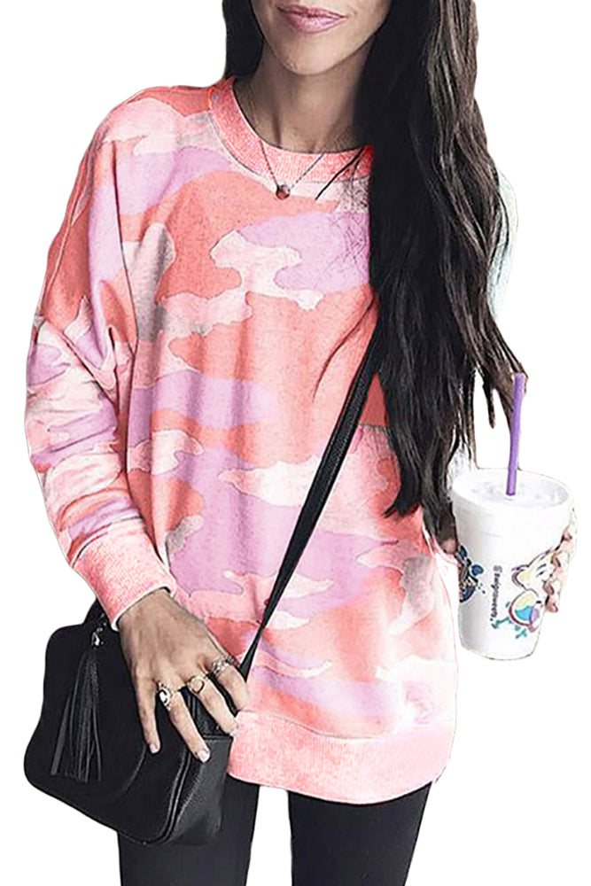 Red Women's Winter Casual Loose Long Sleeve Oversized Round Neck Thin Camo Print Sweatshirt LC251694-3