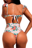 As shown Vintage Floral Versatile Bandeau Bikini High Waist Swimsuit  LC410559-22