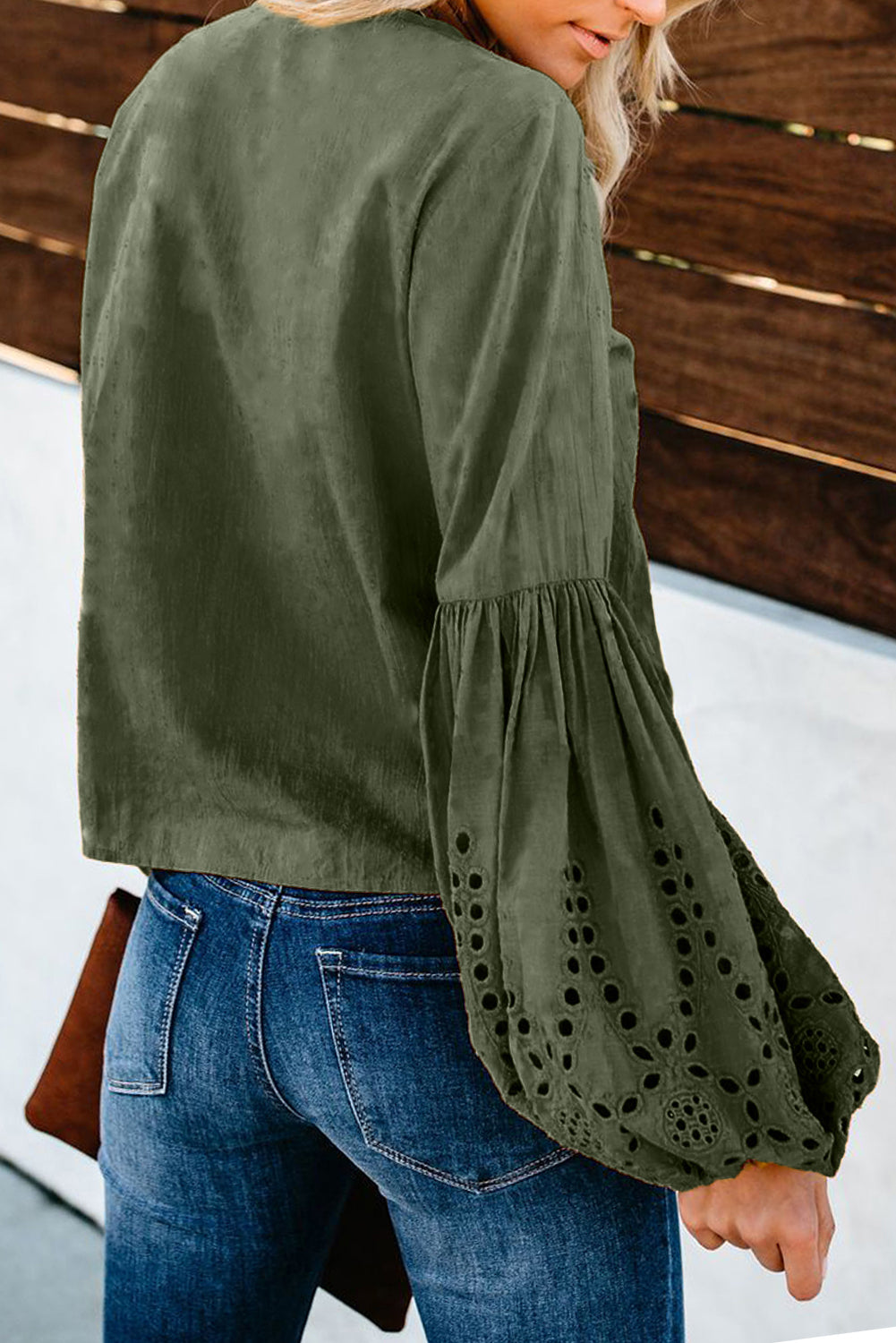 Green Women's Casual Autumn Balloon Sleeve Tie Top V Neck Blouse Loose Shirts LC252264-9