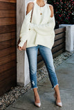 White Women's Winter Casual Loose Long Sleeve Solid Color Crewneck Cold Shoulder Pullover Sweater LC270052-1