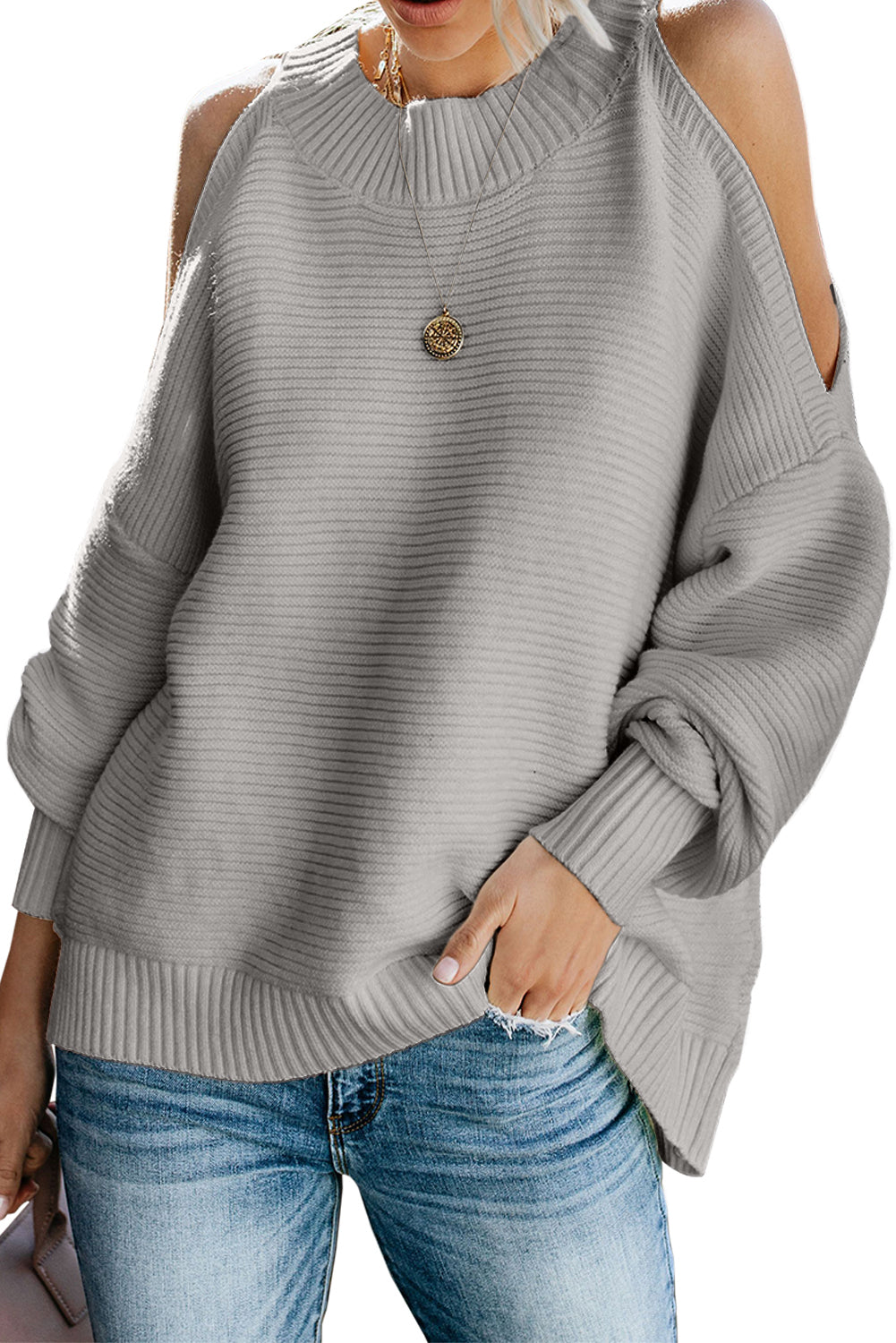 Gray Women's Winter Casual Loose Long Sleeve Solid Color Crewneck Cold Shoulder Pullover Sweater LC270052-11