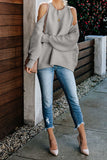 Gray Women's Winter Casual Loose Long Sleeve Solid Color Crewneck Cold Shoulder Pullover Sweater LC270052-11