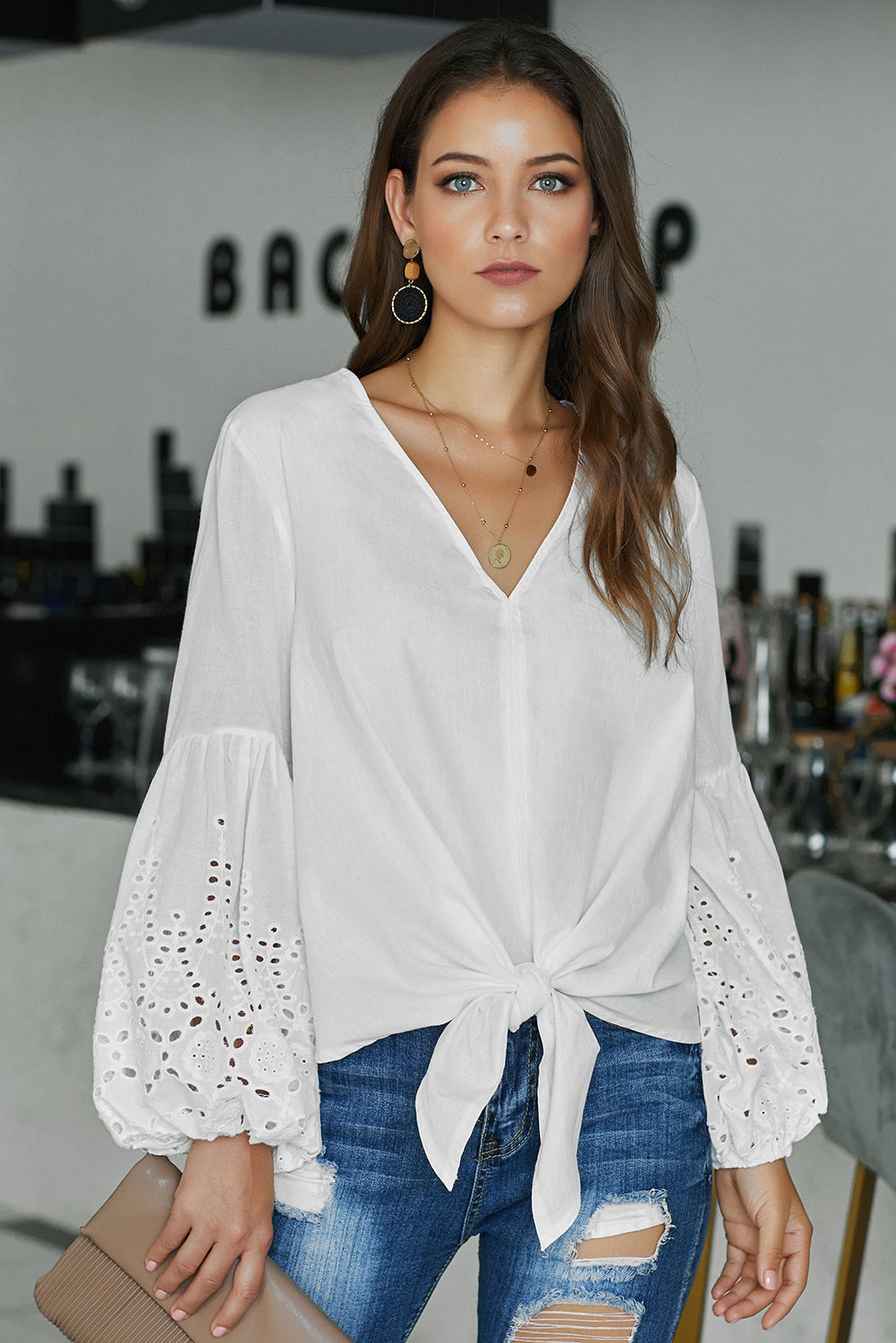 White Women's Casual Autumn Balloon Sleeve Tie Top V Neck Blouse Loose Shirts LC252264-1