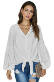 White Women's Casual Autumn Balloon Sleeve Tie Top V Neck Blouse Loose Shirts LC252264-1
