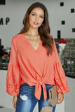 Red Women's Casual Autumn Balloon Sleeve Tie Top V Neck Blouse Loose Shirts LC252264-3