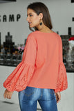 Red Women's Casual Autumn Balloon Sleeve Tie Top V Neck Blouse Loose Shirts LC252264-3