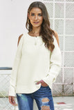 White Women's Winter Casual Loose Long Sleeve Solid Color Crewneck Cold Shoulder Pullover Sweater LC270052-1