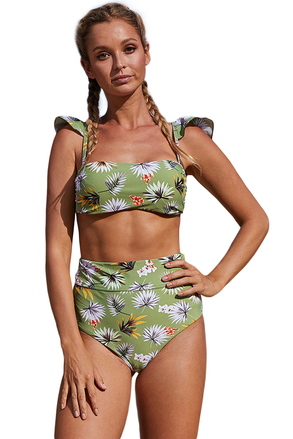 Green Vintage Floral Versatile Bandeau Bikini High Waist Swimsuit  LC410559-9