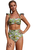 Green Vintage Floral Versatile Bandeau Bikini High Waist Swimsuit  LC410559-9