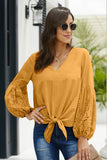 Yellow Women's Casual Autumn Balloon Sleeve Tie Top V Neck Blouse Loose Shirts LC252264-7