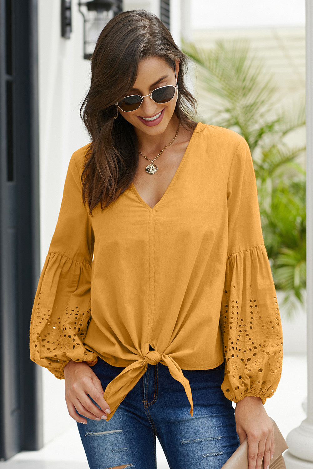 Yellow Women's Casual Autumn Balloon Sleeve Tie Top V Neck Blouse Loose Shirts LC252264-7