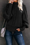 Black Women's Winter Casual Long Sleeve Solid Color Cable Knit Balloon Sleeve Mock Neck Sweater LC270204-2