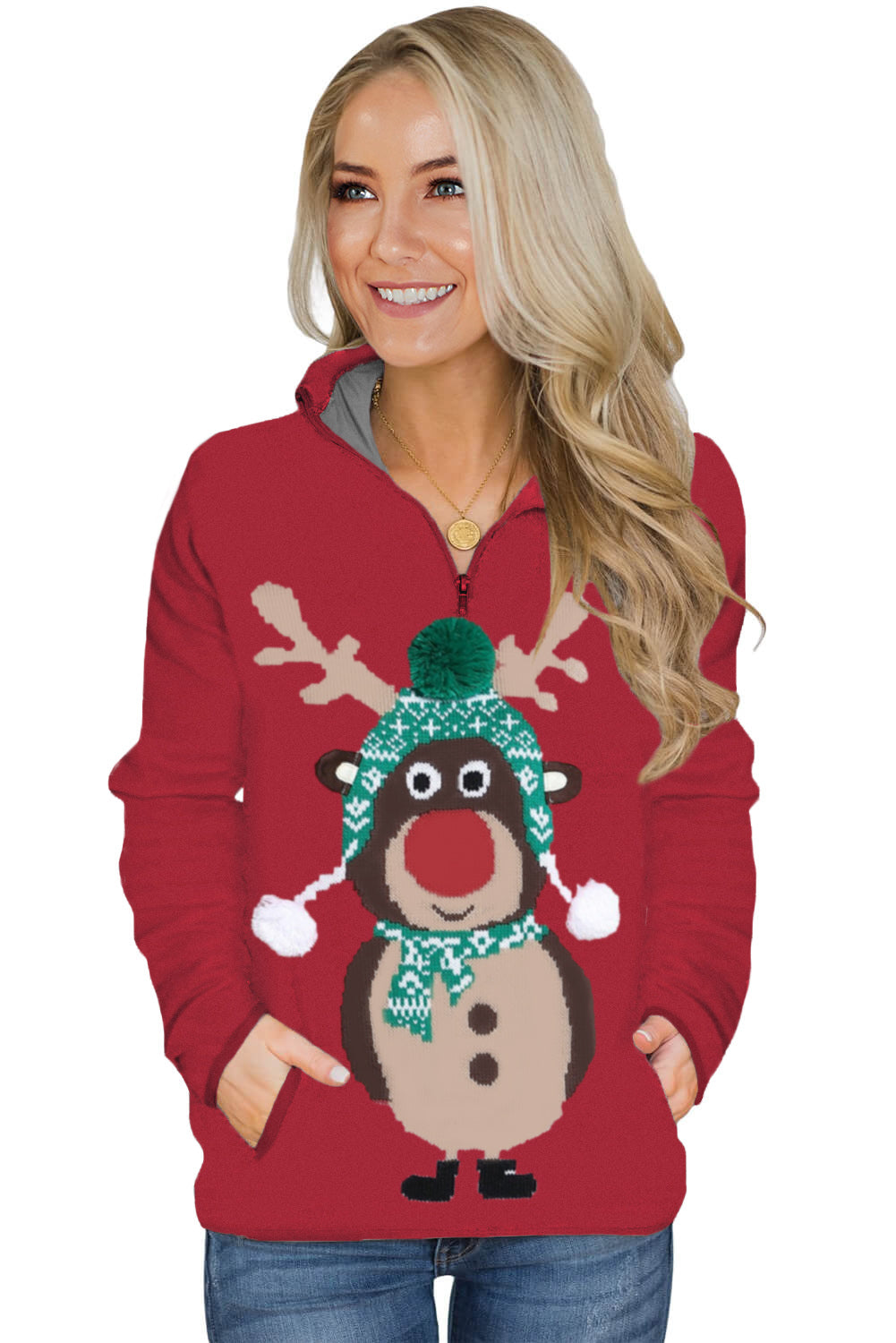 Red Cute Reindeer Print Zip Neck Pullover Sweatshirt LC252978-3