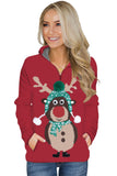 Red Cute Reindeer Print Zip Neck Pullover Sweatshirt LC252978-3