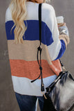 Blue Women's Winter Casual Long Sleeve Color Block Striped Crewneck Drop Shoulder Knitted Sweater LC270192-5