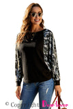 Black Women's Thermal Round Neck Camo Contrast Dolman Top LC252619-2