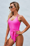 Rose Red/Rose Scoop Neck High Cut One-piece Swimsuit with Sash LC411744-6