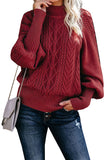 Red Women's Winter Casual Long Sleeve Solid Color Cable Knit Balloon Sleeve Mock Neck Sweater LC270204-3