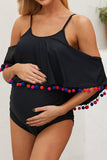 Black Maternity Cold Shoulder Pom Pom Swimsuit LC411841-2