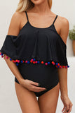 Black Maternity Cold Shoulder Pom Pom Swimsuit LC411841-2