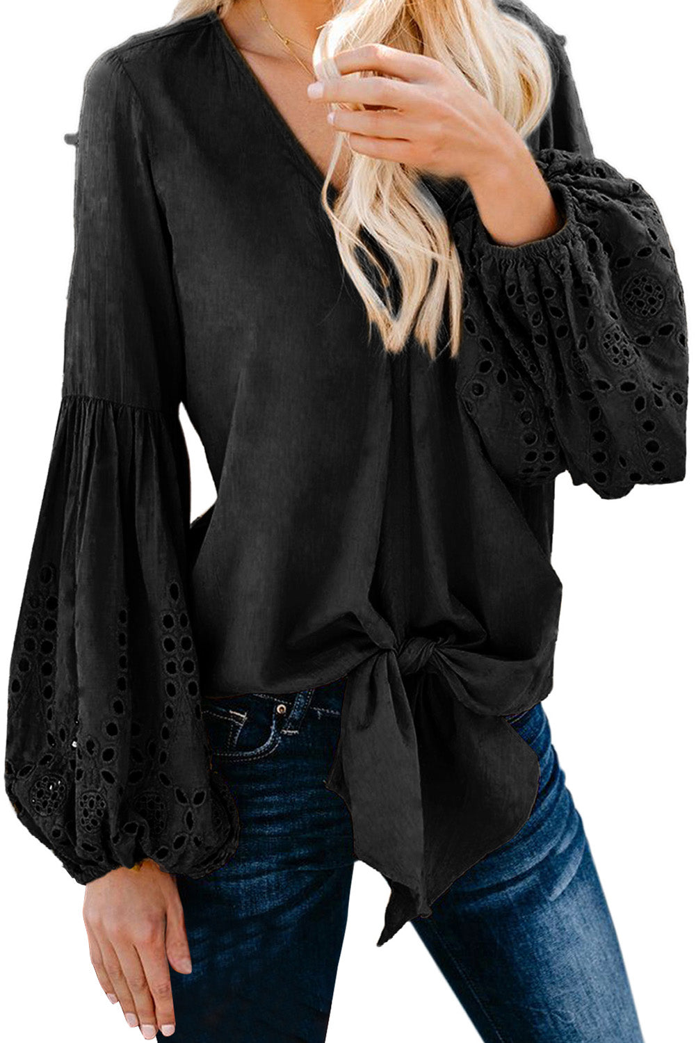 Black Women's Casual Autumn Balloon Sleeve Tie Top V Neck Blouse Loose Shirts LC252264-2