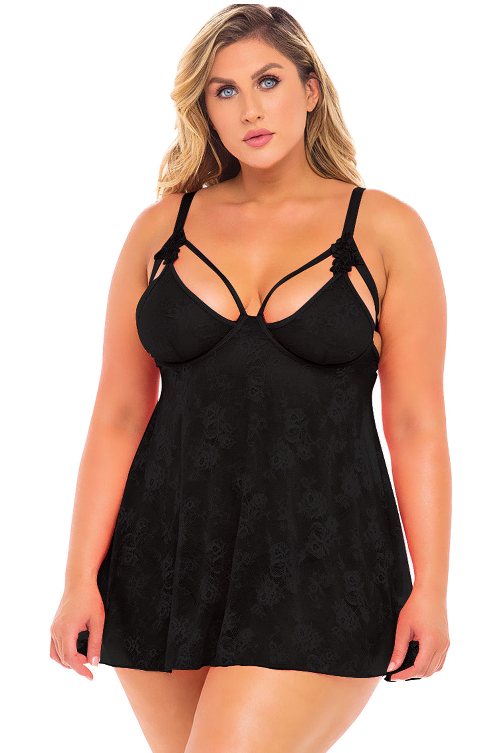 Black Black/Pink Plus Size Lace Valentine Babydoll with Thong LC31501-2